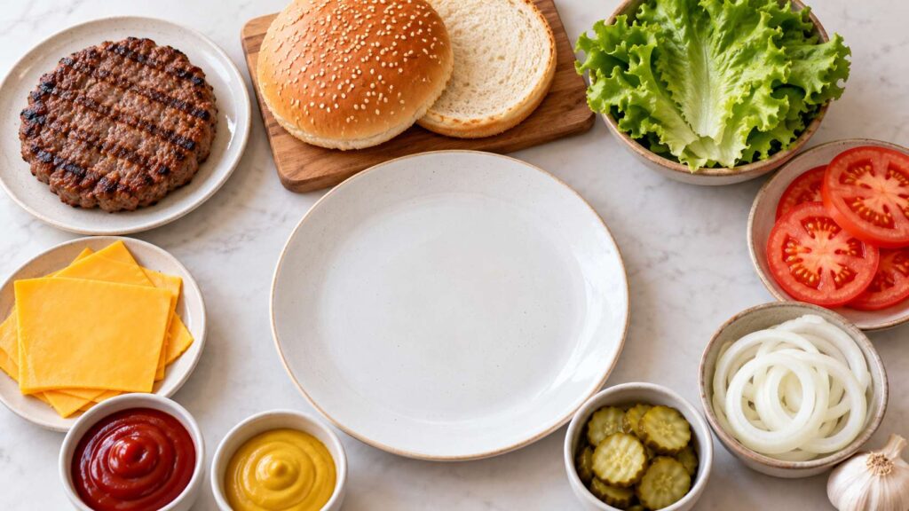 Can Dogs Eat Hamburgers? Beef patty, bun, cheese, onions, garlic, and sauces displayed separately.