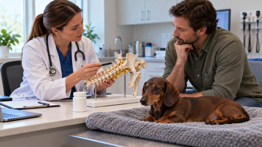 Veterinarian discussing treatment options with a Dachshund's owner using a spinal anatomy model.