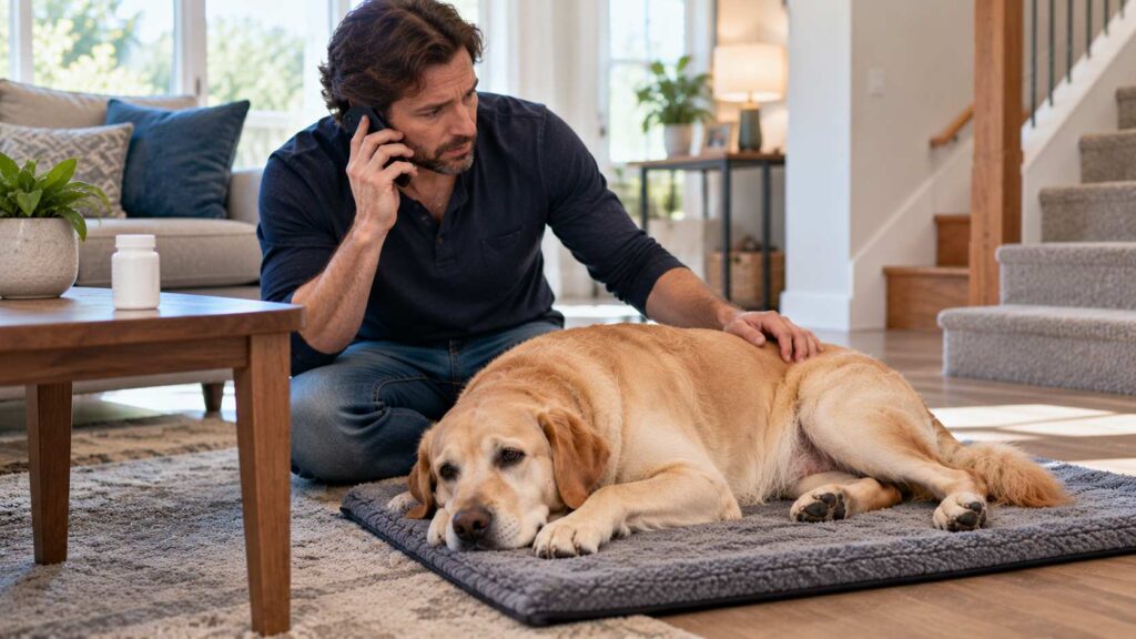 Labrador Retriever resting safely on a non-slip mat while its owner contacts a veterinarian for advice.