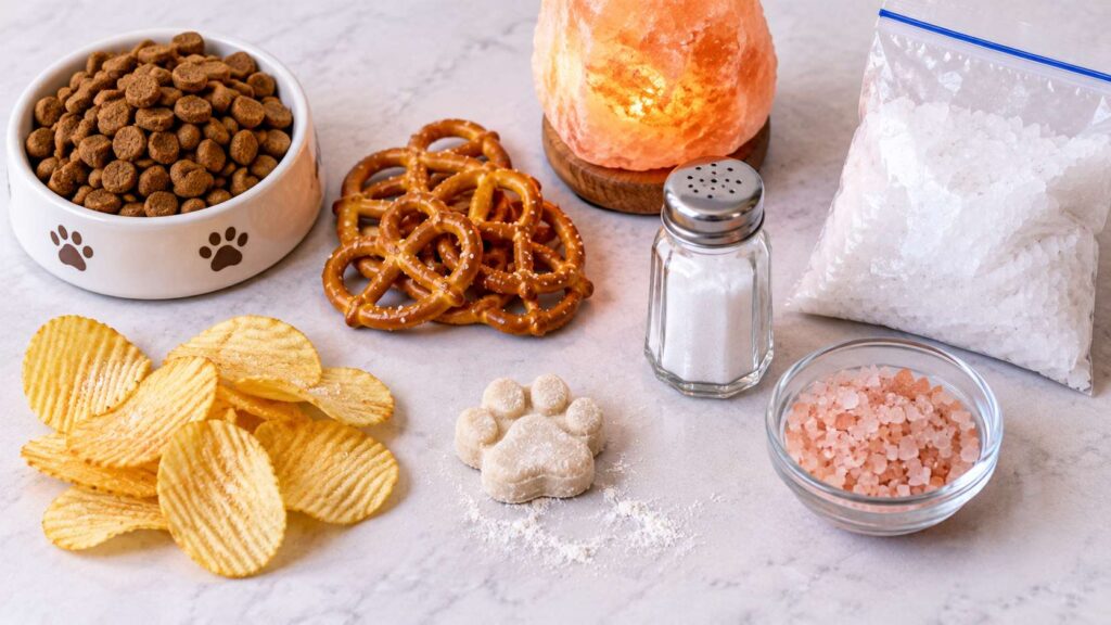 Overhead view of dog food, salted snacks, salt dough, table salt, a Himalayan salt lamp and road de-icing salt.
