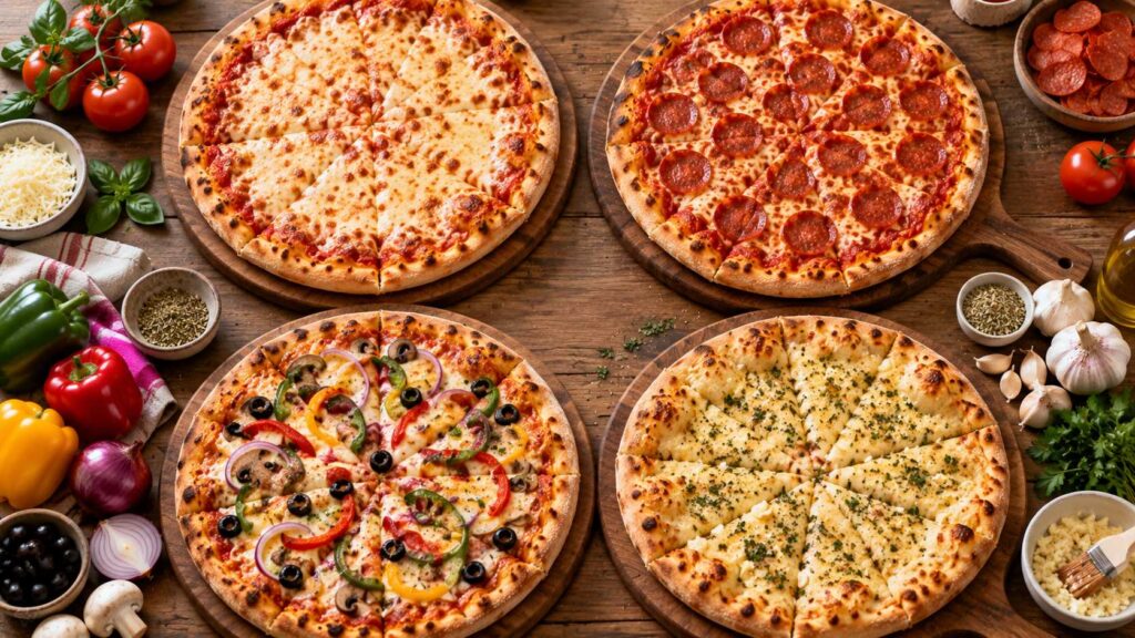 Can Dogs Eat Pizza? Different cheese, pepperoni, vegetable and garlic pizzas arranged for comparison.