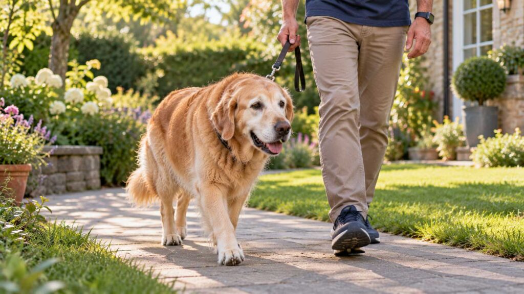 Senior Golden Retriever enjoying a gentle leash walk with its owner along a flat garden pathway.