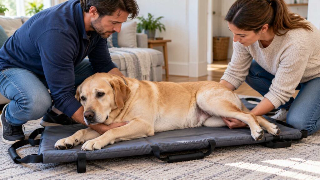 Two adults carefully supporting a Labrador Retriever on a flat stretcher to minimise spinal movement.