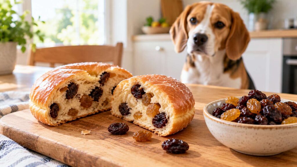 Sliced raisin-filled donut with visible dried fruit and a Beagle sitting in the background.