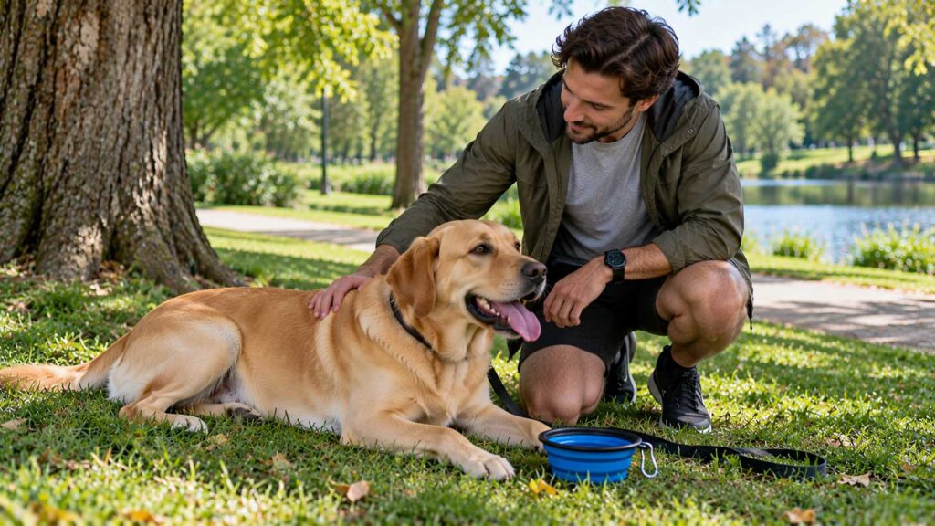 Labrador Retriever resting in the shade while its owner checks its comfort after exercise.