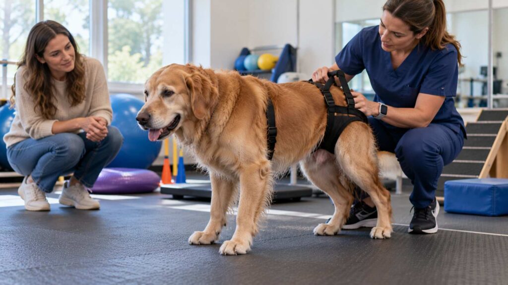 Golden Retriever receiving supervised rehabilitation with a support harness at a canine physiotherapy centre.