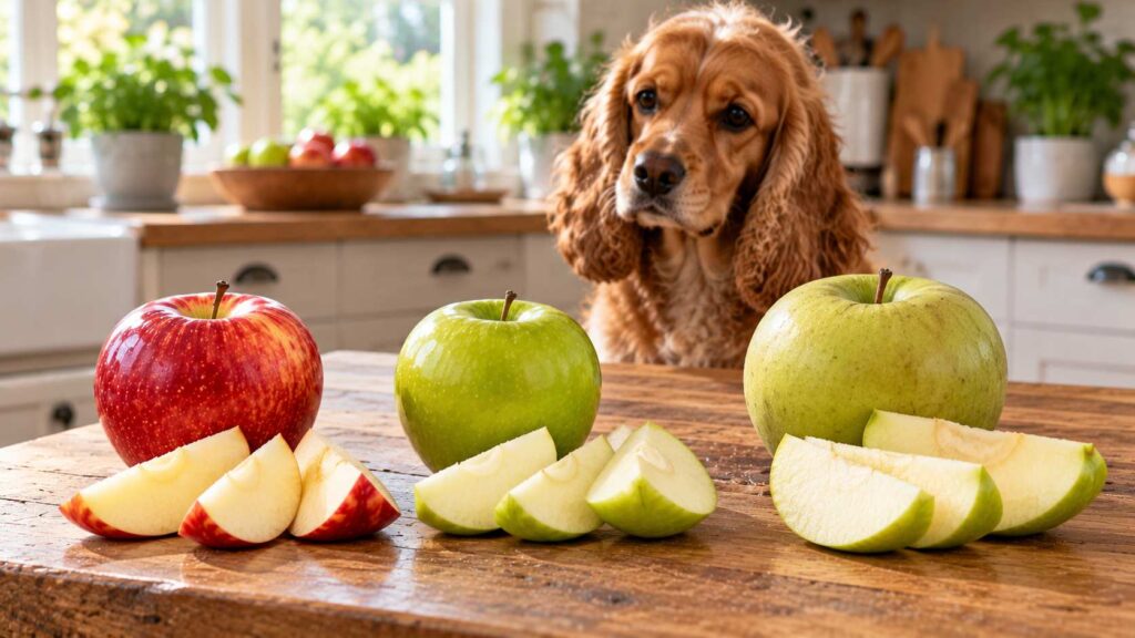 Red eating apple, green Granny Smith apple and green cooking apple displayed with fresh slices on a wooden table.