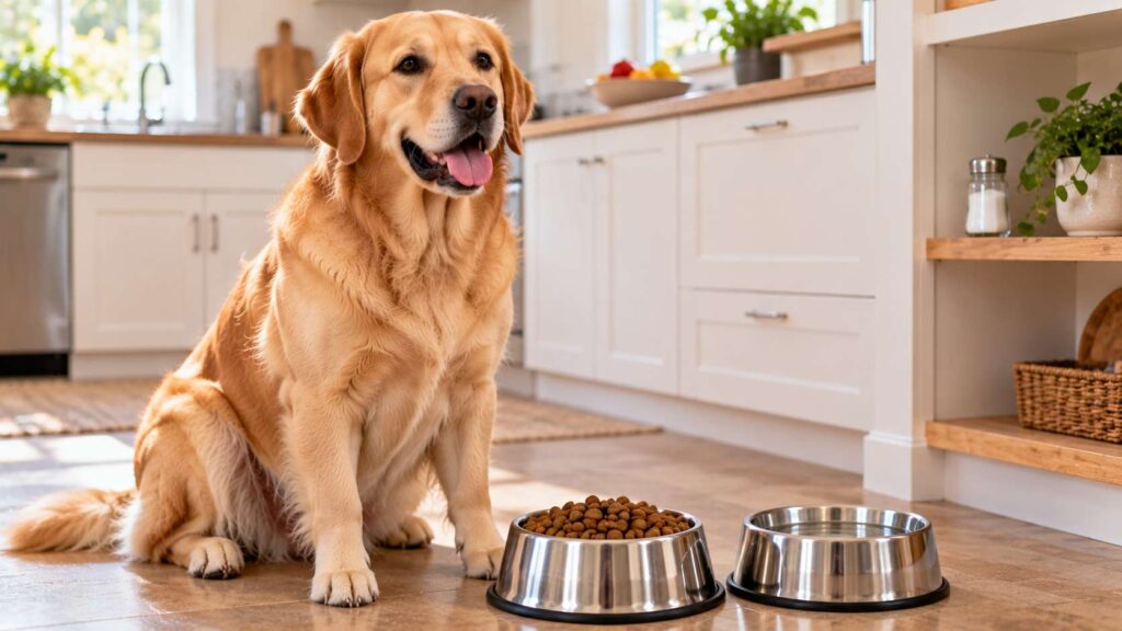 Golden Retriever beside balanced dog food and fresh water, illustrating can dogs eat salt and why dietary sodium matters.