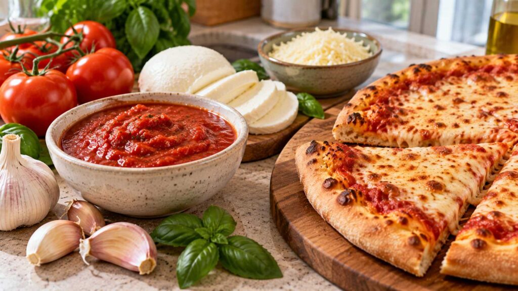 Tomato pizza sauce, mozzarella cheese, garlic cloves and fresh tomatoes arranged on a kitchen counter.