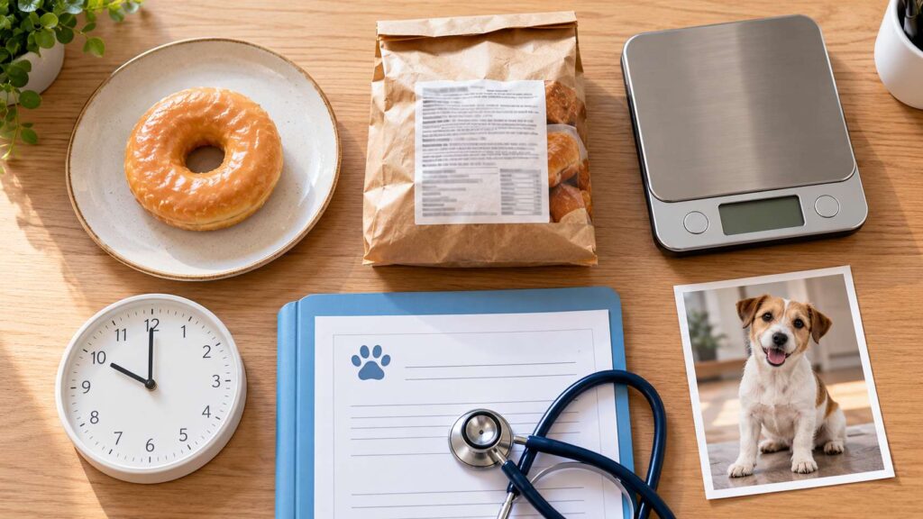 Six items representing donut ingredients, portion size, timing and dog health during a safety assessment.