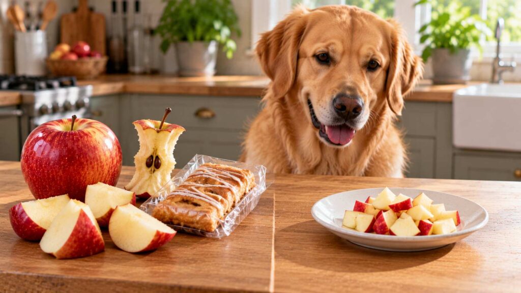 Whole apple, core, oversized chunks and packaged apple snack compared with a plate of small seedless apple pieces.