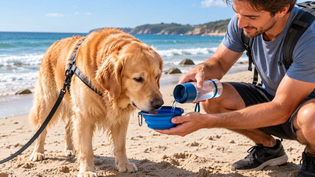 Golden Retriever drinking fresh water from a portable bowl during a beach walk with its owner.