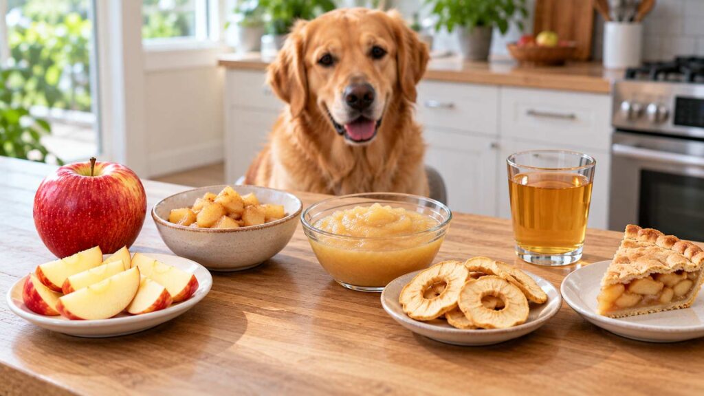 Fresh apple slices, cooked apple, applesauce, dried apple rings, apple juice and apple pie arranged on a kitchen counter.