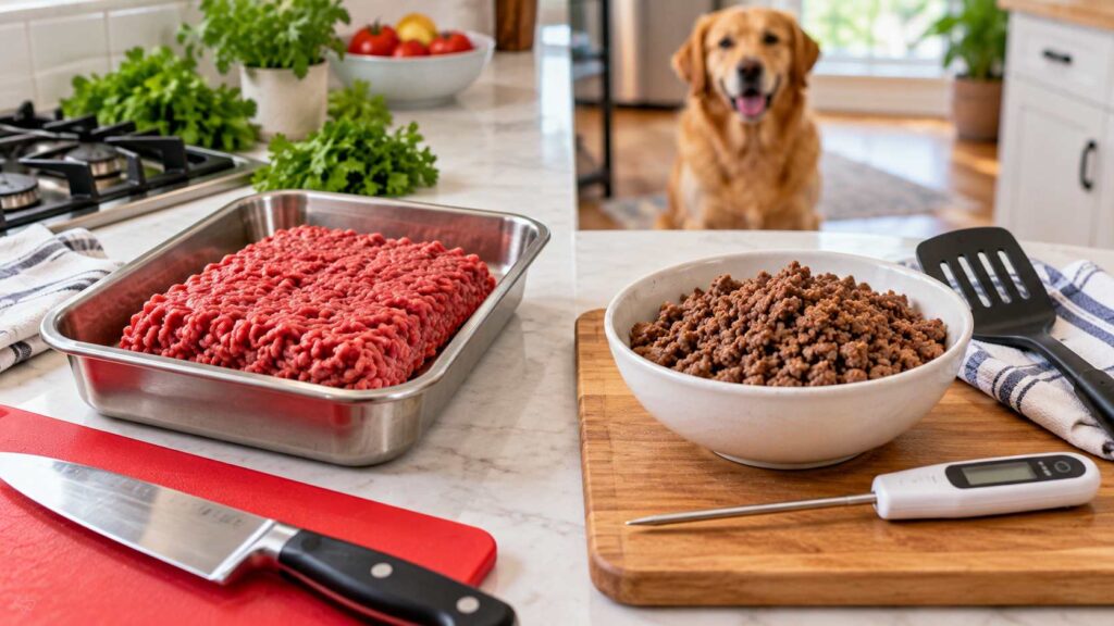 Raw ground beef and fully cooked unseasoned beef shown separately on a clean kitchen countertop.