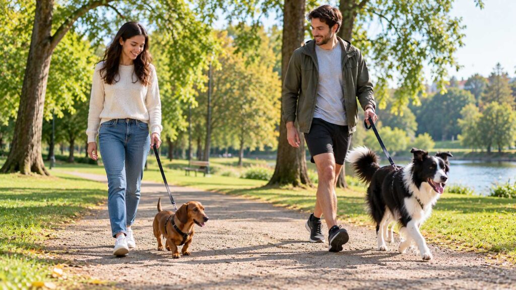 Dachshund and Border Collie walking with their owners in a green park.