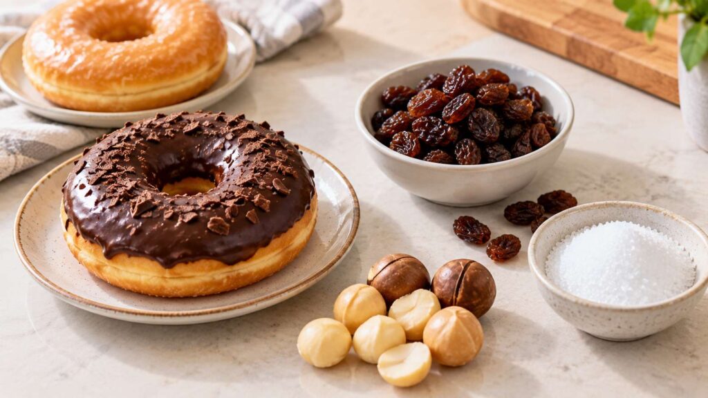 Chocolate donut, raisins, macadamia nuts and a bowl of unidentified sweetener arranged on a kitchen counter.