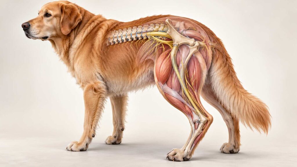 Veterinary anatomical illustration showing a dog's lumbar spine, spinal cord, nerves, and hind leg muscles.