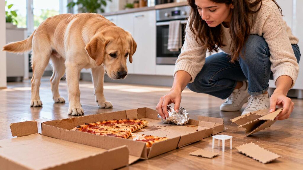 Labrador Retriever near an open pizza box with aluminium foil, cardboard and plastic packaging.