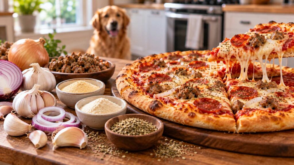 Pizza surrounded by garlic cloves, sliced onions, garlic powder and other seasonings.