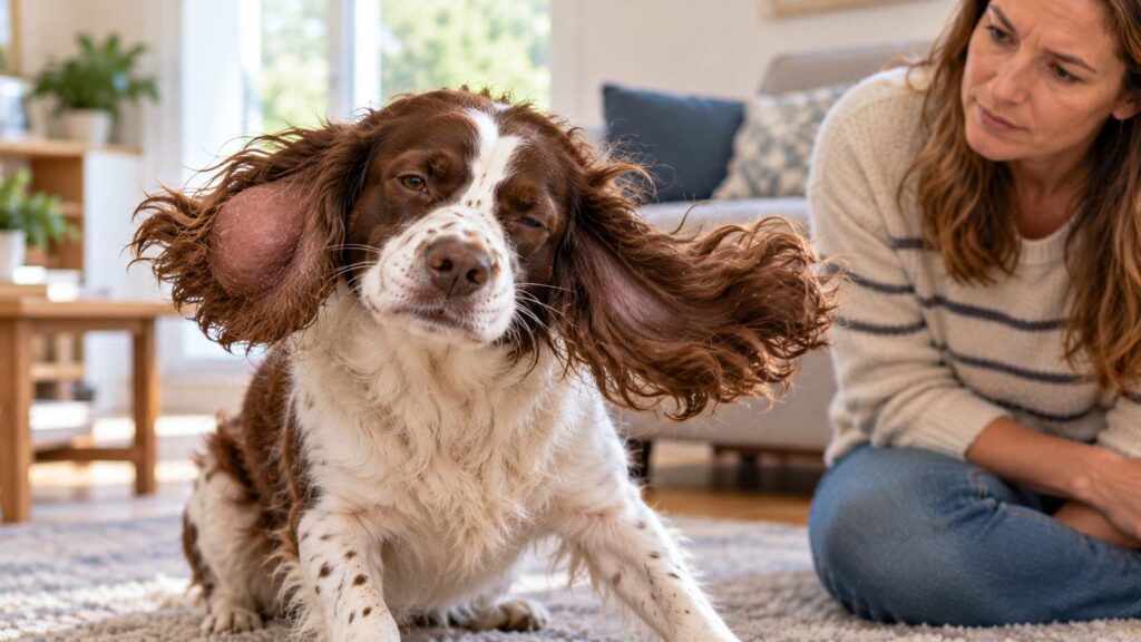 Springer Spaniel shaking its head because of possible ear irritation and swelling.