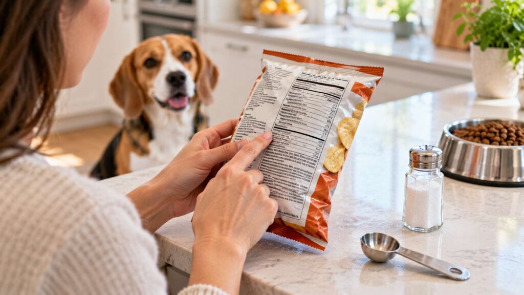 Dog owner examining the nutrition label on a snack packet while a Beagle sits in the background.