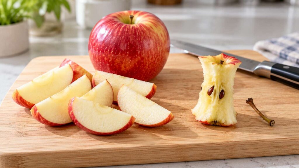 Fresh apple slices separated from an apple core, brown seeds and stem on a wooden cutting board.