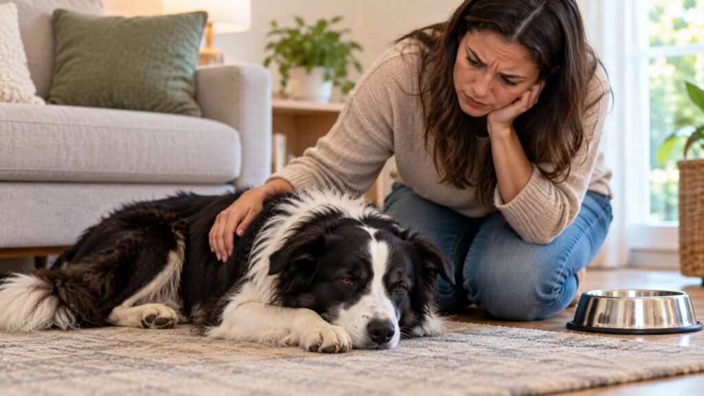 Tired Border Collie resting on the floor while a concerned owner checks on the dog.