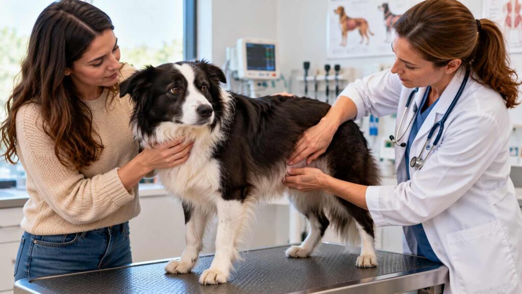 Veterinarian gently examining a Border Collie's abdomen during a veterinary appointment.