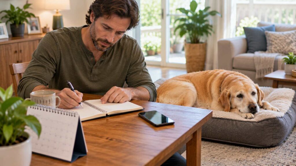 Dog owner recording health observations in a notebook while an older Labrador rests nearby.