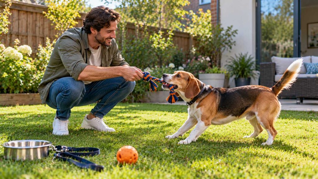 Dog owner playing a gentle tug game with a Beagle in a sunny backyard.