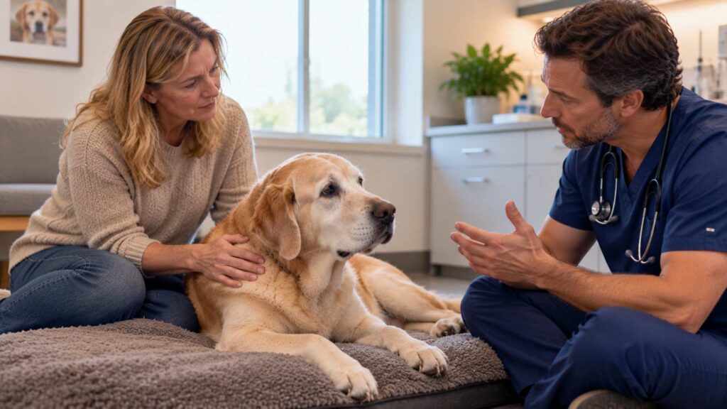 Veterinarian having a compassionate health discussion with the owner of an elderly Labrador resting comfortably.