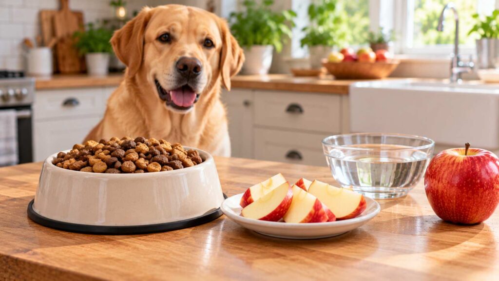 Bowl of complete dog food beside a smaller plate of fresh apple slices, with a Labrador in the background.