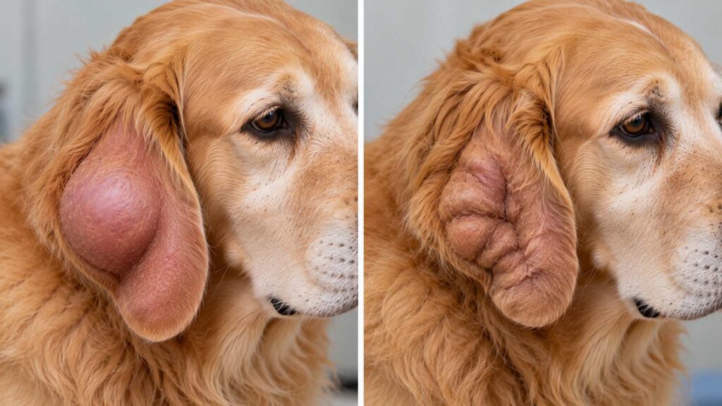 Comparison of a swollen dog ear hematoma and an older ear with thickened, wrinkled scar tissue.
