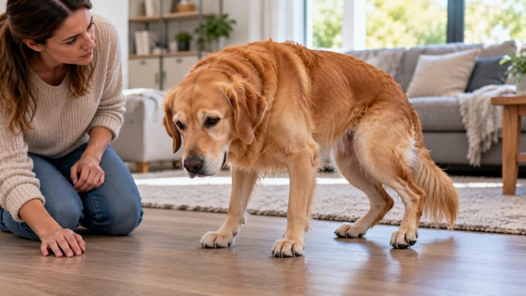 Golden Retriever showing hind leg weakness while its concerned owner kneels nearby.
