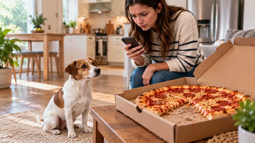 Small Jack Russell Terrier sitting beside an open pizza box with a missing slice.
