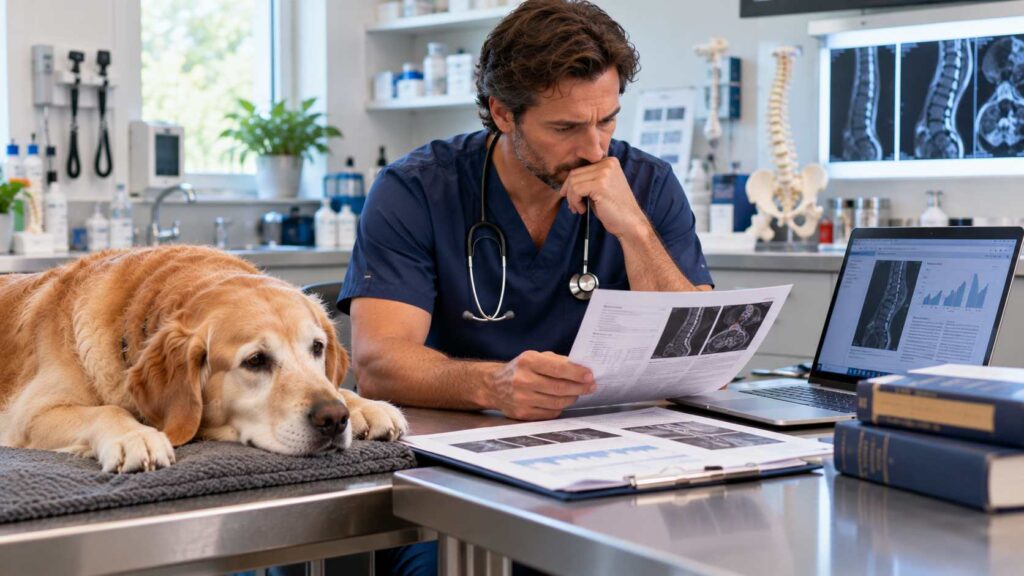 Veterinarian reviewing clinical research documents and medical records with a senior Golden Retriever nearby.