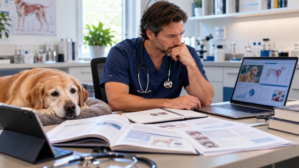 Veterinarian reviewing veterinary medicine safety documents on a laptop beside a resting Labrador.