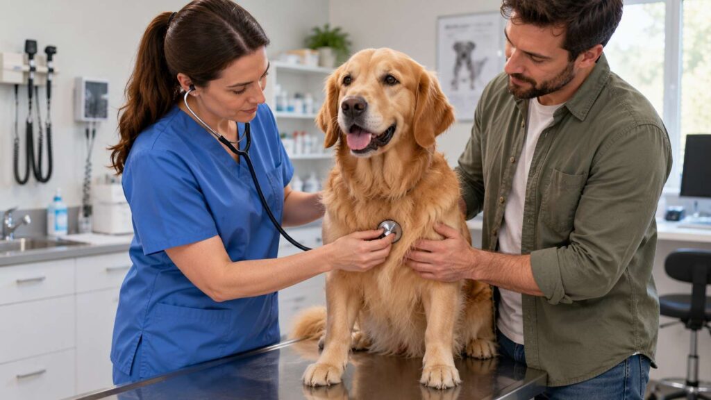 Veterinarian examining a Golden Retriever with a stethoscope while the owner stands nearby.