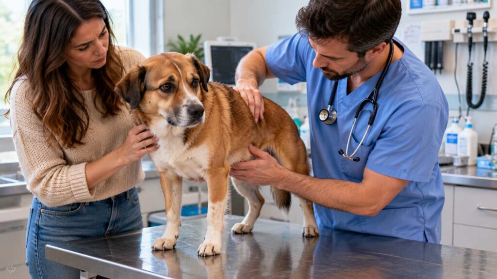 Veterinarian gently examining a dog's abdomen during a consultation at a veterinary clinic.