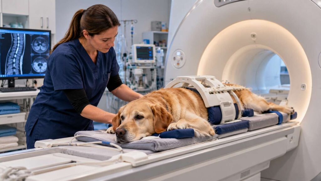 Labrador Retriever positioned on a veterinary MRI scanner for diagnostic imaging of the spine.