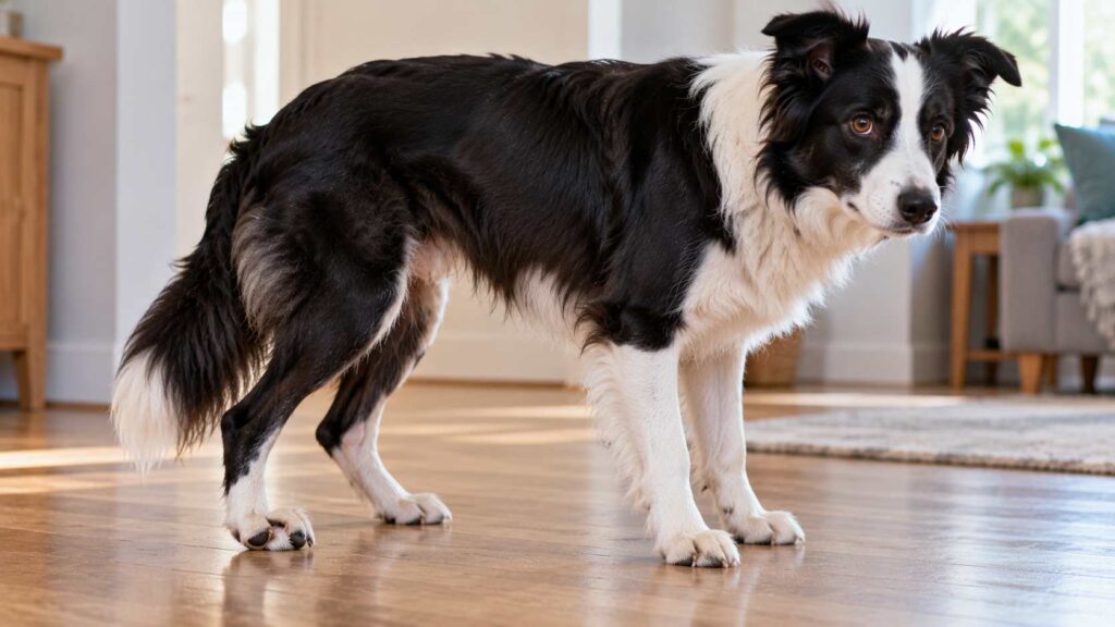 Border Collie with a knuckled hind paw illustrating one possible sign when investigating what causes sudden hind leg weakness in dogs.