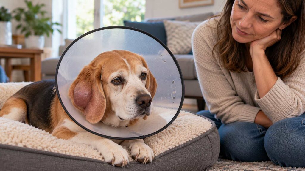 Beagle with a swollen ear wearing a protective Elizabethan collar while resting comfortably at home.