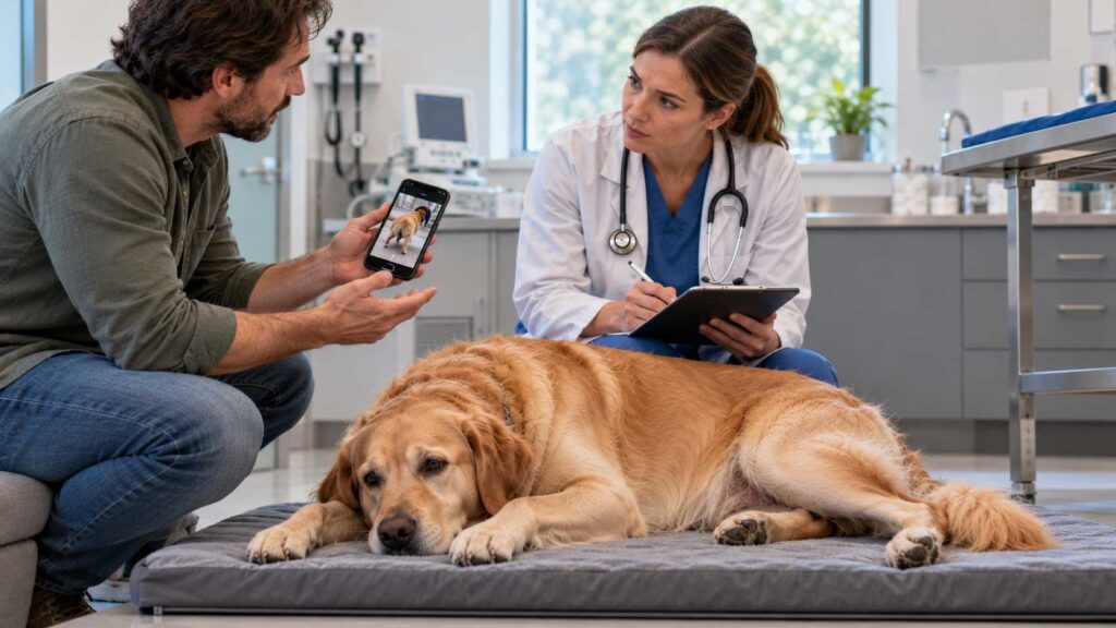 Dog owner showing a veterinarian a smartphone video during a consultation about hind leg weakness.