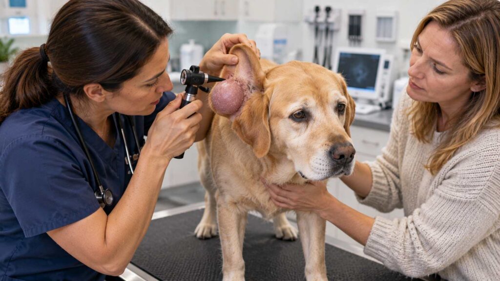 Veterinarian examining a Labrador Retriever's swollen ear with an otoscope during a clinical appointment.