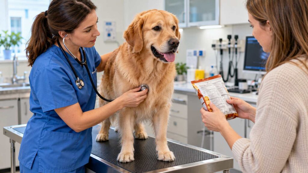 Veterinarian examining a Golden Retriever while the owner shows a food packet during a clinic consultation.