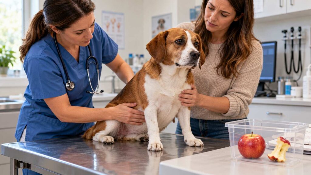 Veterinarian examining a brown-and-white dog while its owner discusses possible accidental apple ingestion.