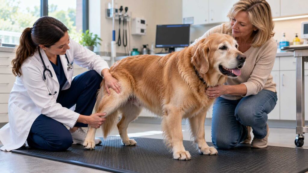 Veterinarian gently examining an older Golden Retriever's hind leg during a mobility assessment.