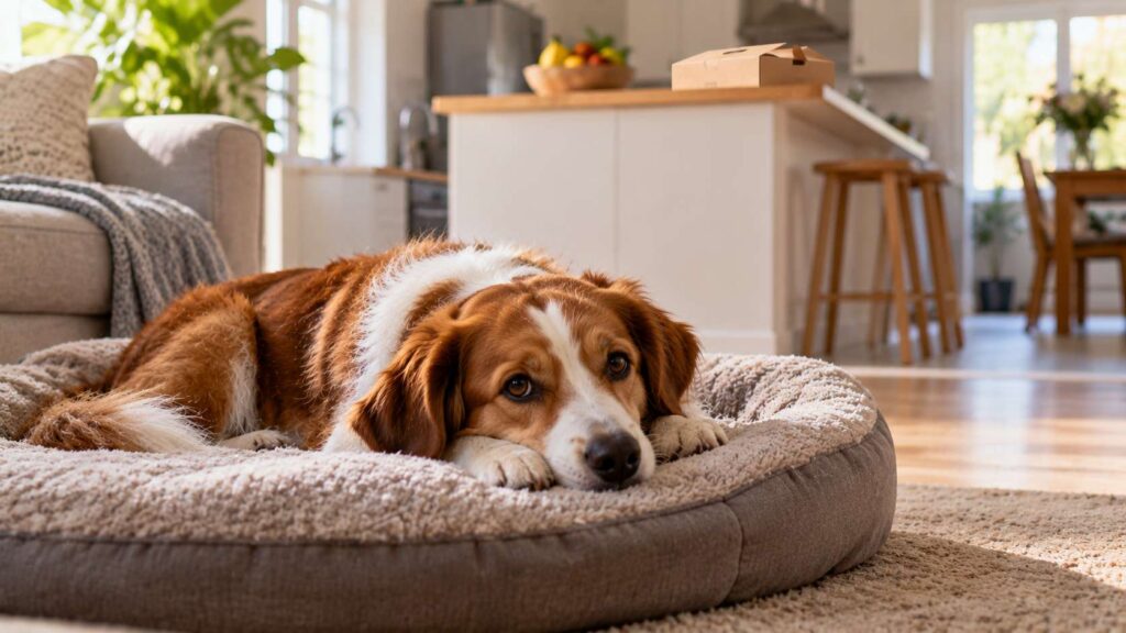 Brown and white dog resting on a comfortable bed with a closed bakery box in the background.