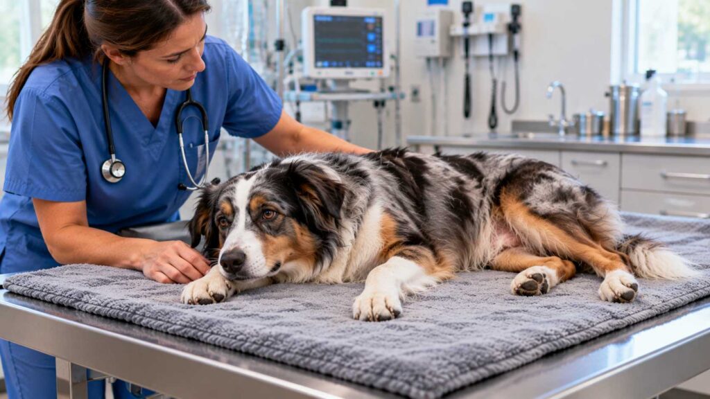 Veterinarian assessing an Australian Shepherd resting on an examination table with weakness affecting multiple limbs.