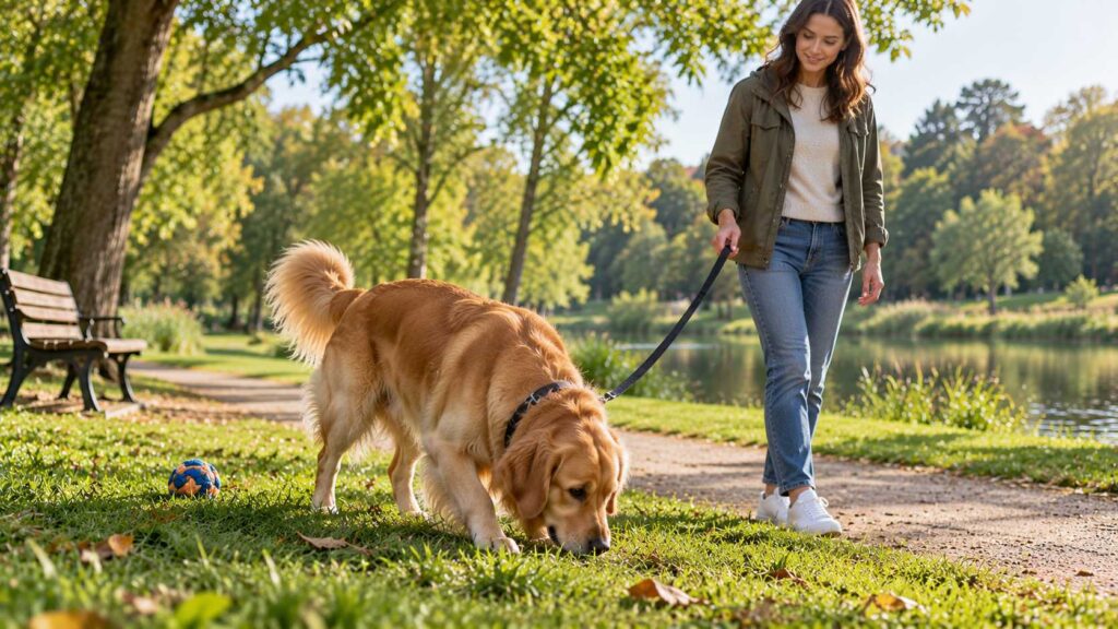Golden Retriever sniffing grass during a relaxed walk, illustrating how much exercise should my pet get and the value of mental enrichment.